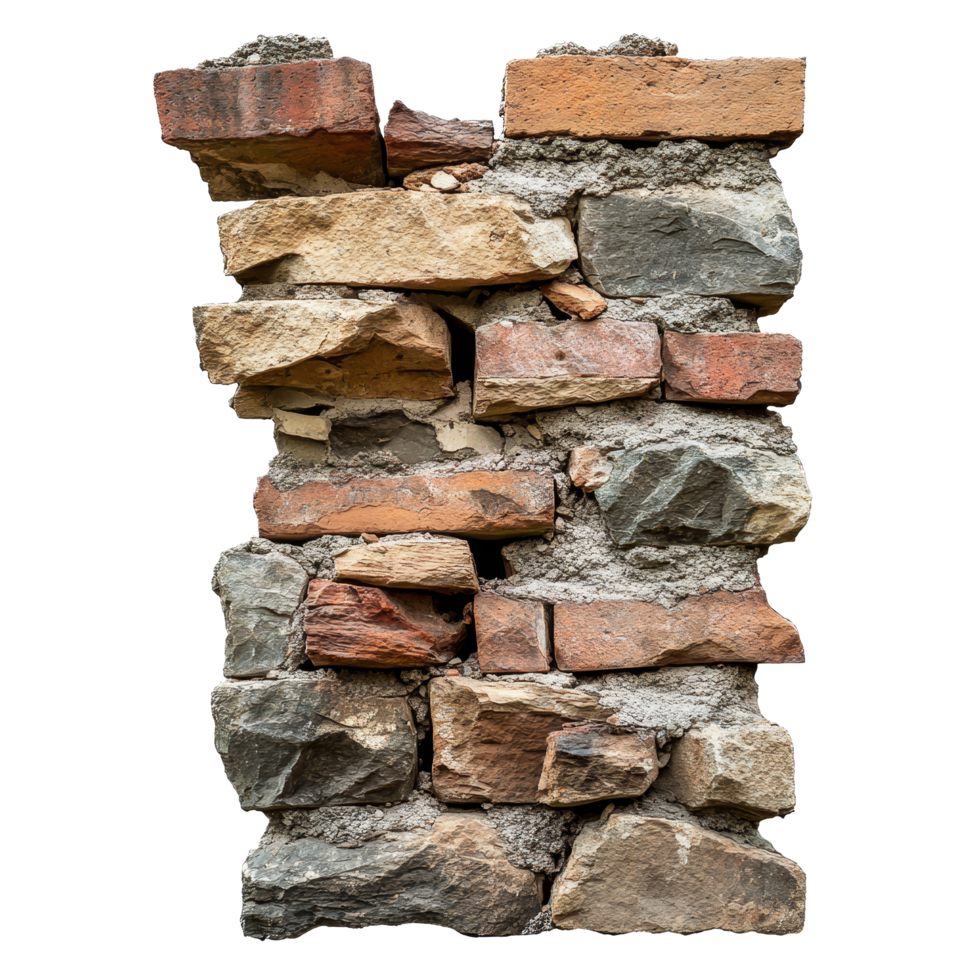Damaged and cracked stone brick wall showing signs of collapse and weathering in a rustic setting, collapsed, cracked, damaged or broken stone brick wall, isolated on transparent background png