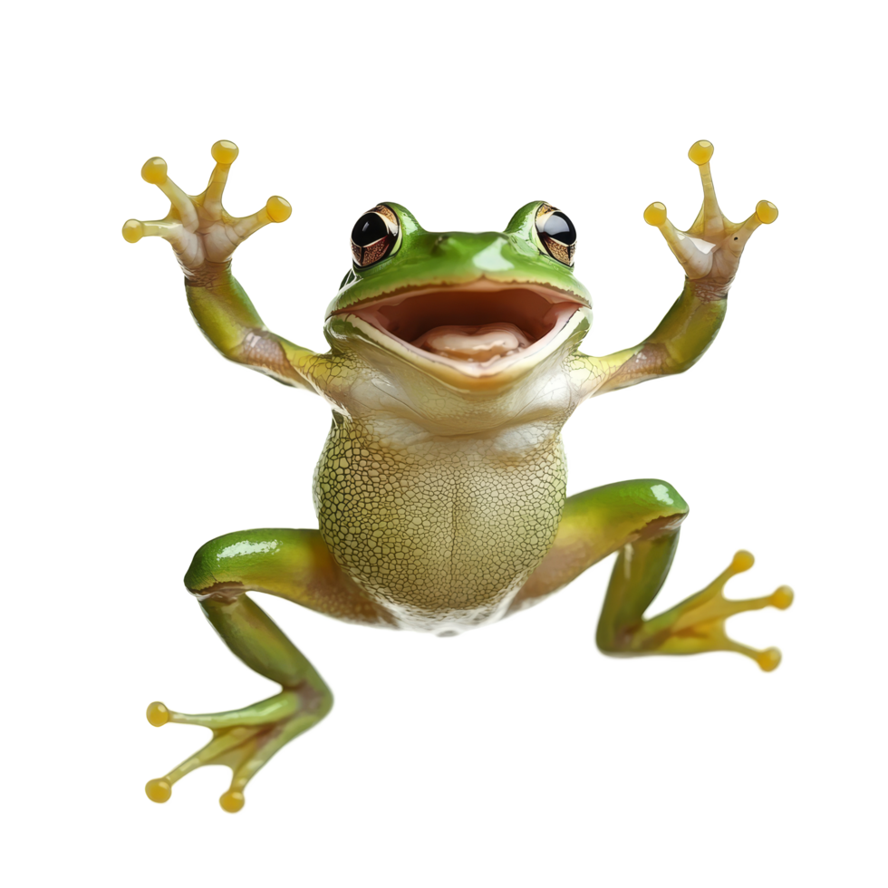 A joyful green frog jumping happily against a bright transparent background showcasing its vibrant colors and playful spirit, happy jumping green frog isolated on transparent background png
