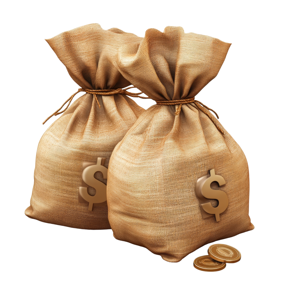 Money bags with dollar signs and coins displayed on a transparent background symbolizing wealth and financial prosperity, money bags with dollar sign and coin on transparent background png