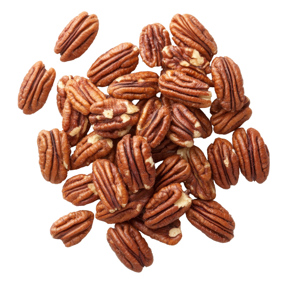 Freshly harvested pecans on a clean transparent background showcasing their rich texture and natural color, Fresh pecans on a transparent background png