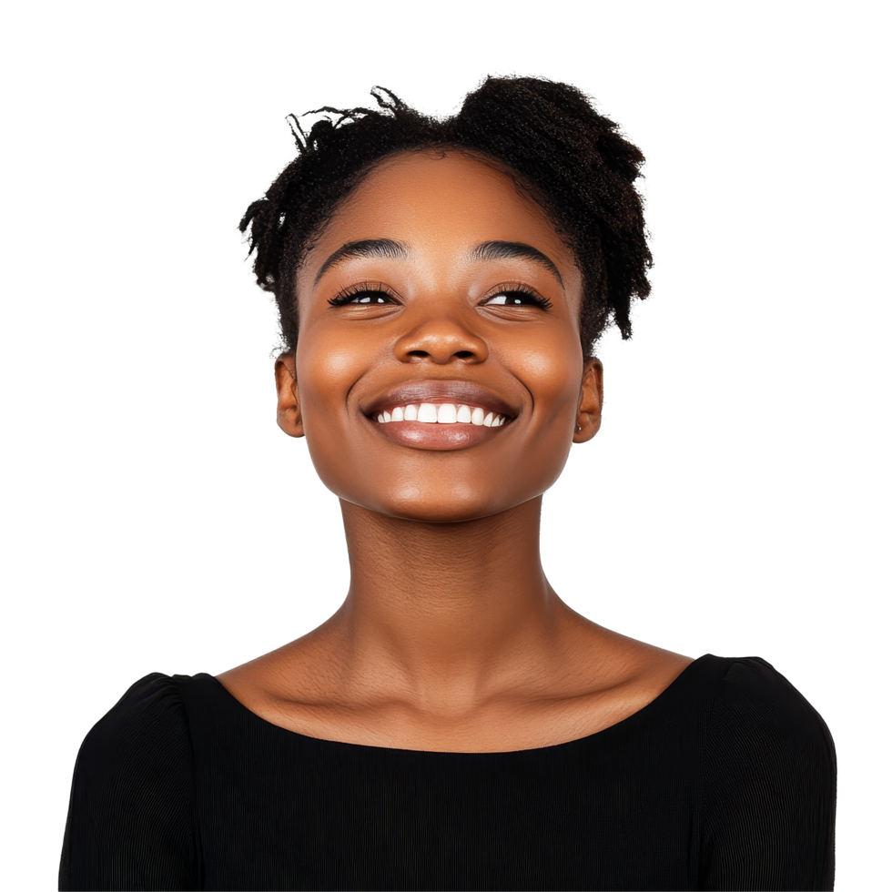 A joyful black woman smiling brightly, showcasing natural beauty in a simple studio setting, portrait of a black woman happy female isolated on transparent background png