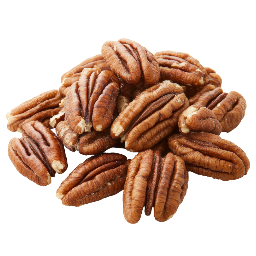 Fresh pecans stacked on a clean transparent background ready for baking or snacking, Fresh pecans on a transparent background png