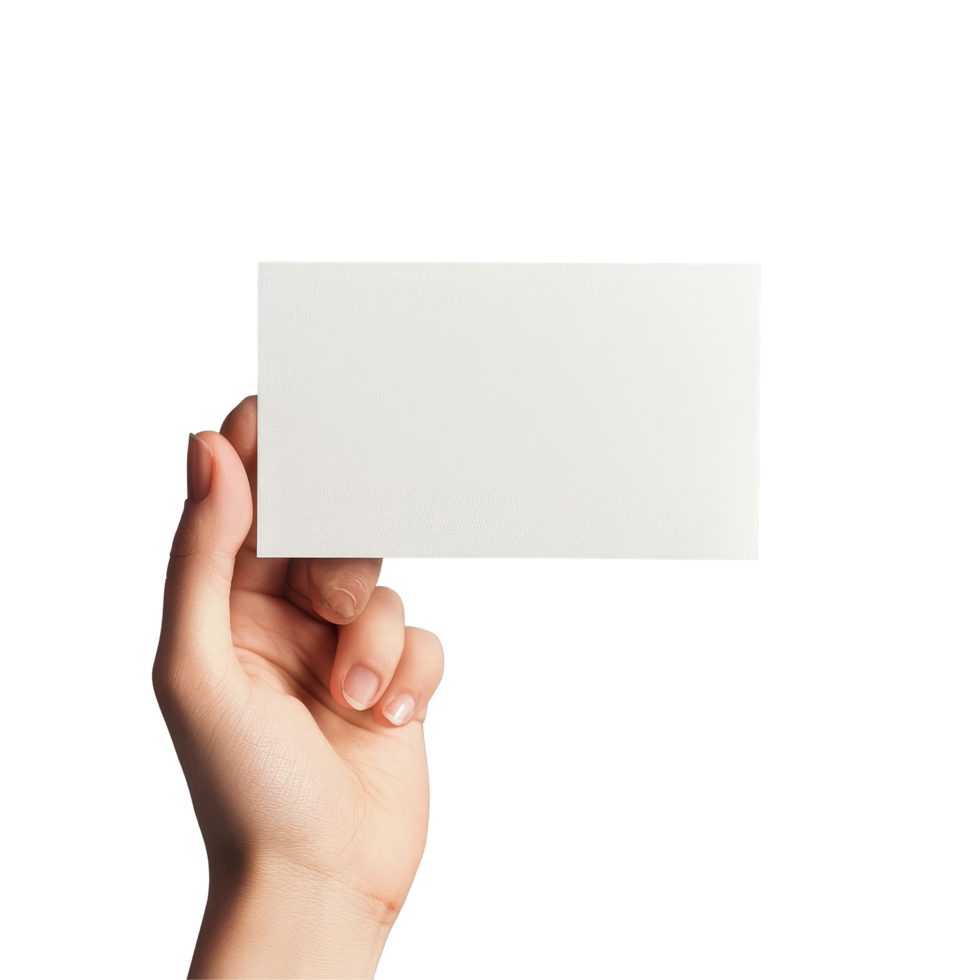 Person holding a blank postcard mockup against a light blue background in a minimal setting, Blank paper card in hand. Holding postcard mockup isolated png