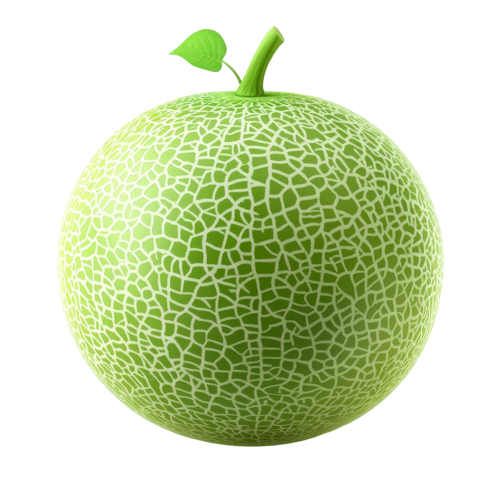 A fresh green melon with a leaf sits isolated on a clean transparent background ready to be enjoyed in any season, Fresh tasty green melon on a transparent background png