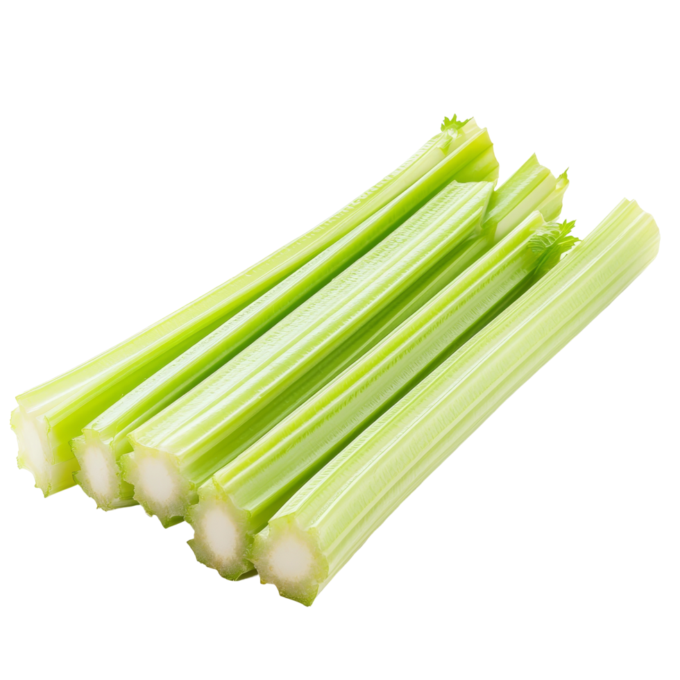 Freshly sliced celery sticks arranged neatly on a transparent background for culinary presentation and food preparation, Slice celery isolated on transparent background png
