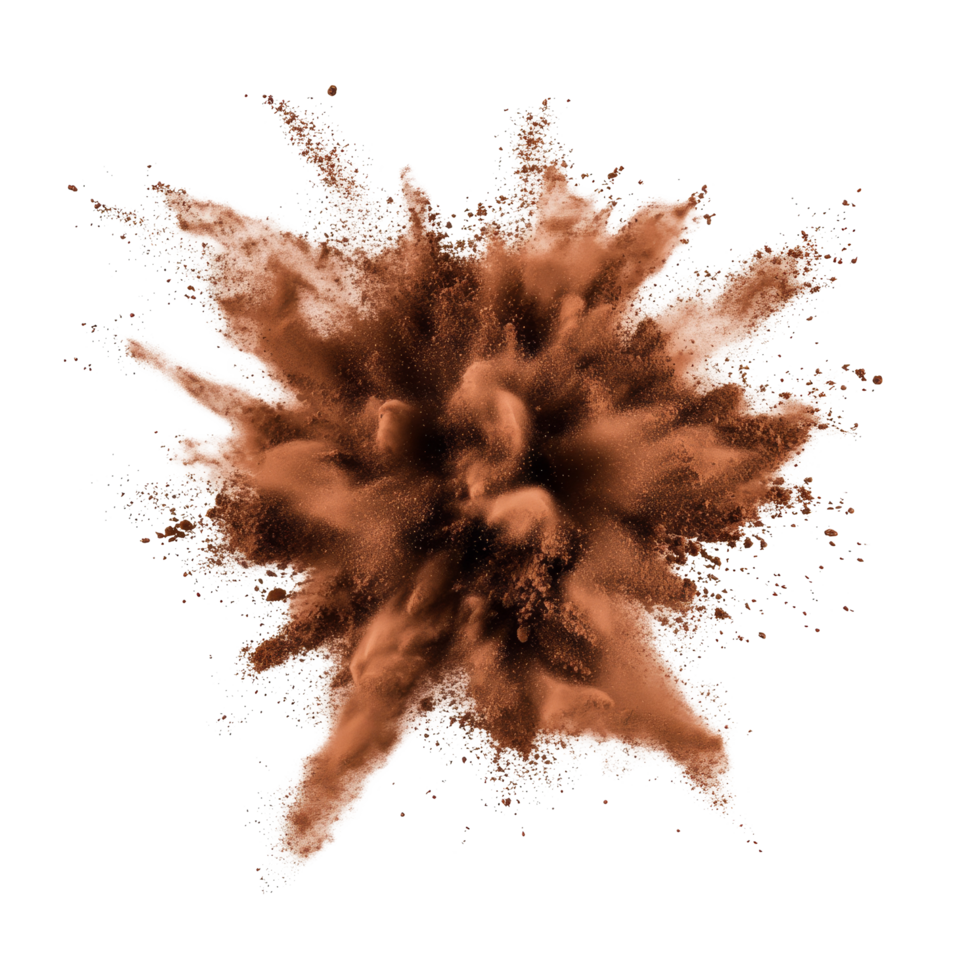 Brown powder explosion isolated on a transparent background capturing dynamic movement and energy, brown color powder explosion isolated on transparent background png
