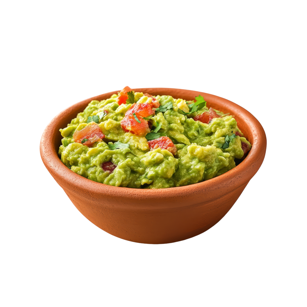 Delicious guacamole served in a rustic terracotta bowl, perfect for parties and casual gatherings on a transparent background, guacamole on terracotta bowl isolated on transparent background png