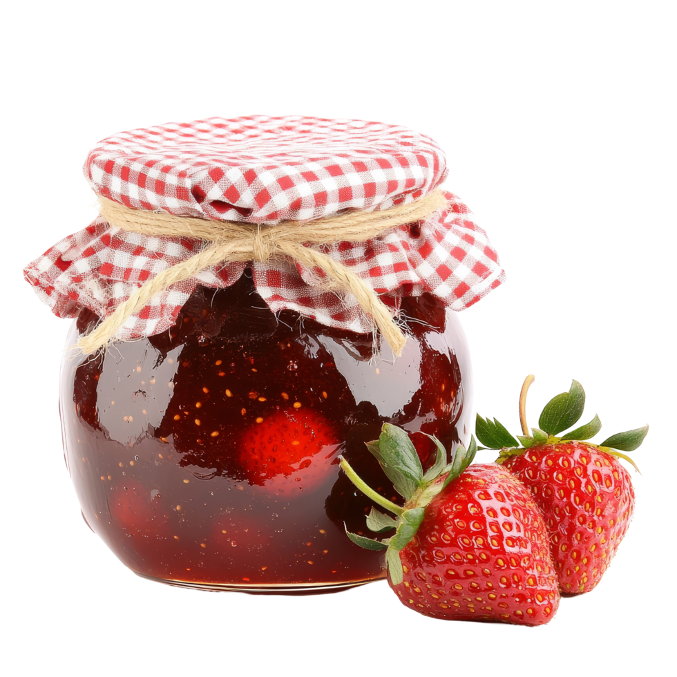 Homemade strawberry jam in a jar with gingham cloth cover and fresh strawberries by its side, Jar of Homemade Strawberry Jam with Gingham Cloth Cover on transparent background png