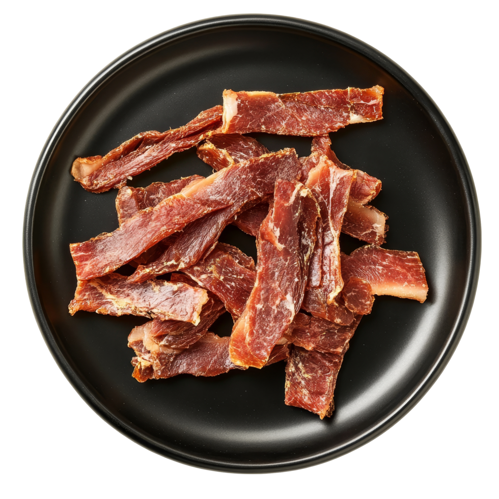 Delicious dried meat strips arranged on a black plate, perfect for snacks or meals at any time of day, dried meat strips on black plate top view isolated on transparent background png