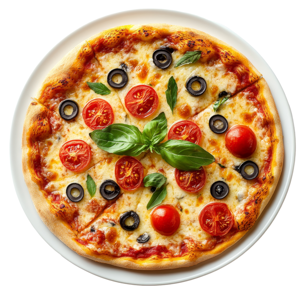 Delicious homemade pizza topped with tomatoes, olives, and fresh basil on a transparent plate ready to enjoy, pizza in plate on transparent background png