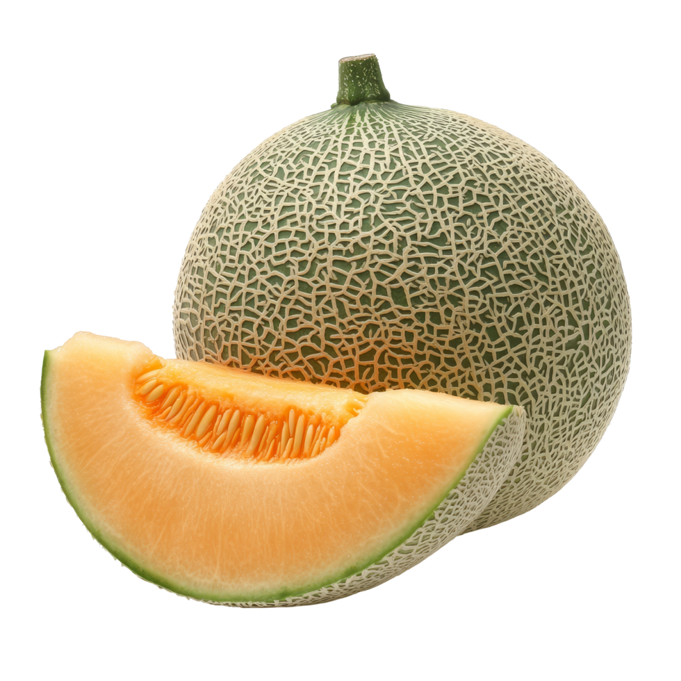 Fresh melon with a perfectly sliced piece resting beside it on a simple transparent background, melon with slice on transparent background png