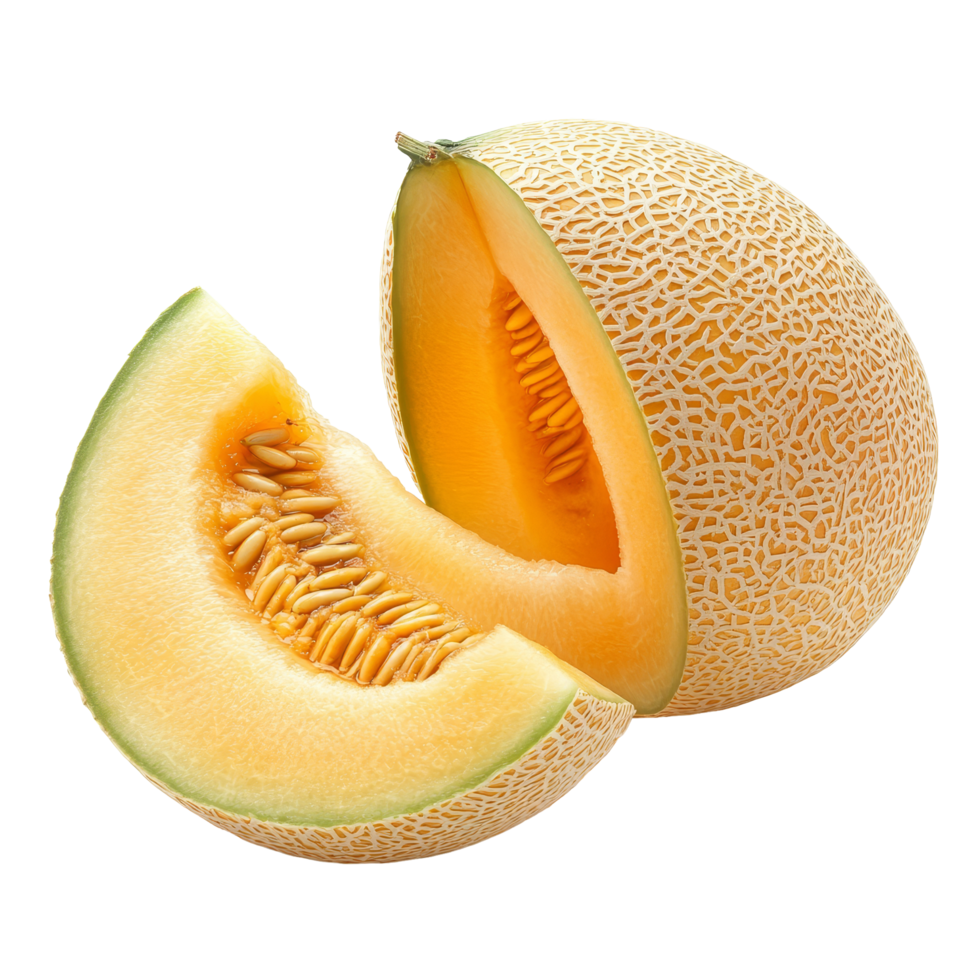 Fresh yellow cantaloupe melon with seeds displayed on a transparent background for culinary use and healthy eating, yellow melon or cantaloupe melon with seeds isolated on transparent background png