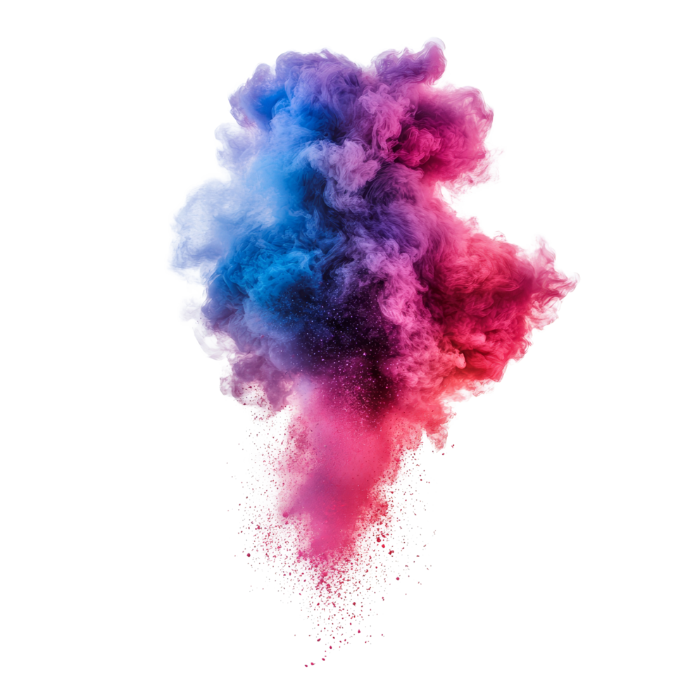 Vibrant colorful smoke blast with pink, blue, and purple hues creates a stunning visual against a clean transparent background, Colorful Smoke Blast Powder on transparent background png
