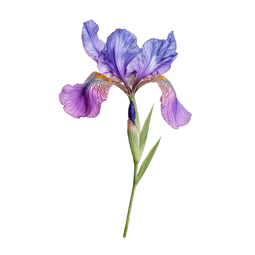 A single purple iris stem stands out against a clean transparent background, showcasing its delicate features, Iris flower single stem isolated on transparent backgroud png
