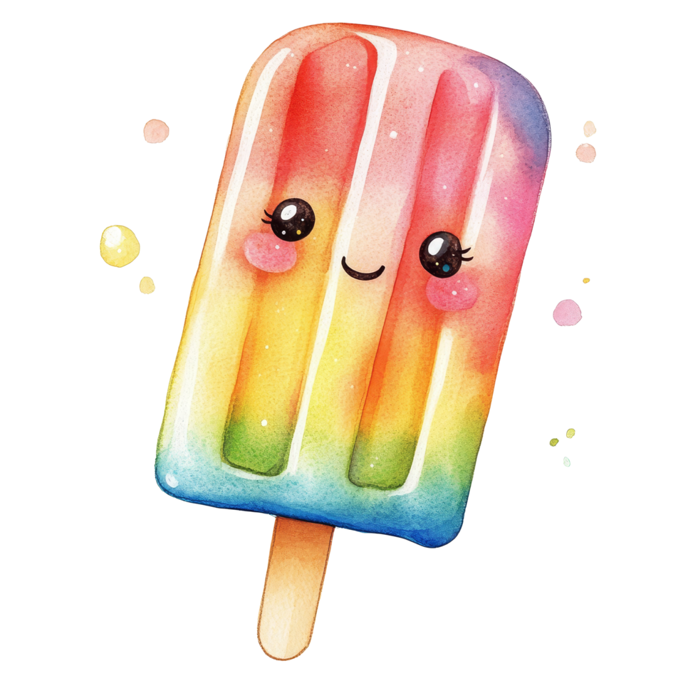 Kawaii watercolor cartoon character popsicle with vibrant colors on a transparent background, perfect for playful designs, kawaii cartoon character popsicle on transparent background. popsicle png