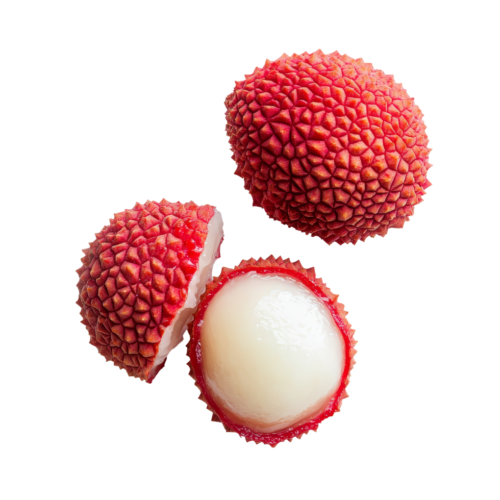 Top view of fresh lychee fruit showing red skin and translucent flesh isolated on a clean transparent background, Top view of lychee isolated on transparent background png