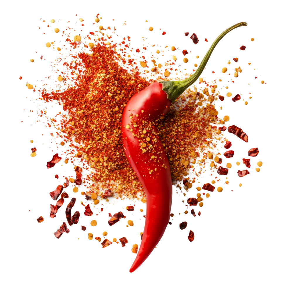 Chili pepper surrounded by vibrant chili powder and flakes on a clean transparent surface, Chili powder and flakes burst out from red chili pepper Stock Photo png