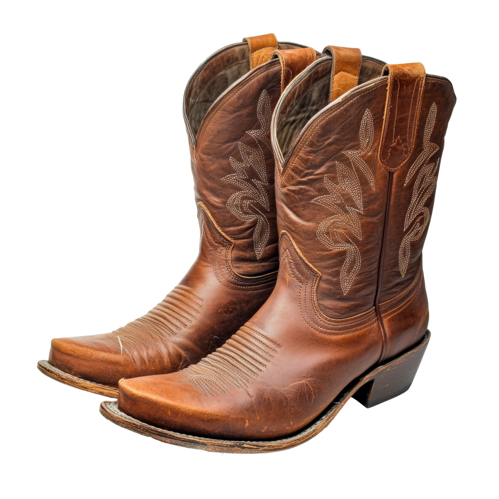 Stylish brown leather cowboy boots with intricate design on a transparent background, Brown leather cowboy boots isolated on transparent background png