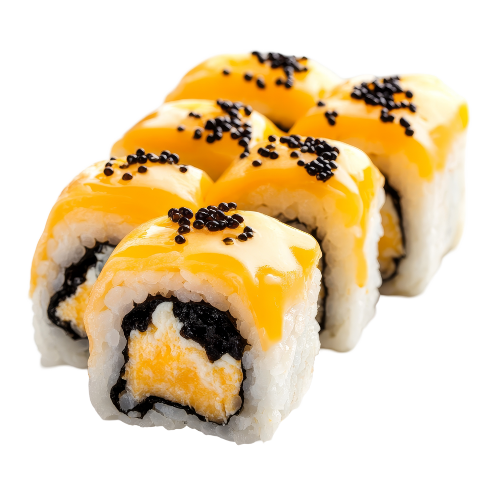 Delicious sushi rolls topped with cheddar cheese and black sesame seeds on a transparent background, Isolated portion of sushi rolls with cheddar cheese png