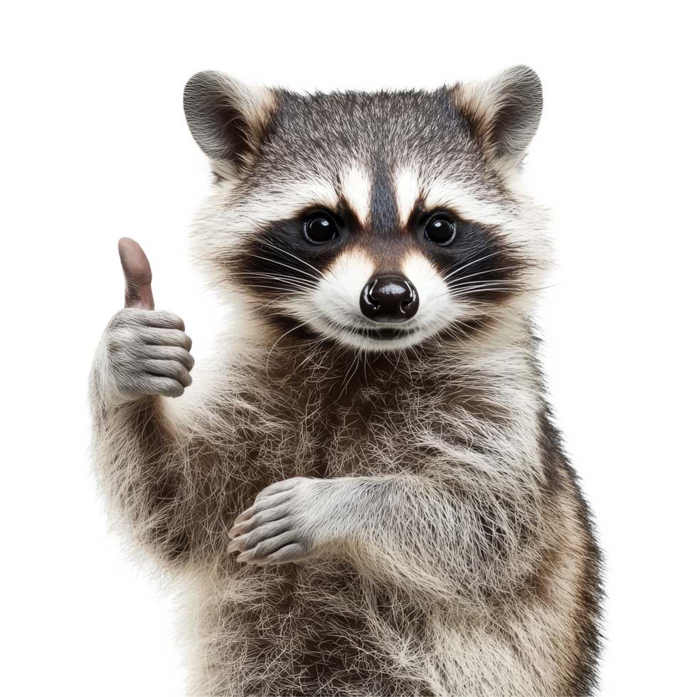 Cheerful raccoon giving a thumbs up against a transparent background, showcasing a playful and positive attitude, Raccoon Giving ThumbsUp Isolated on transparent background png