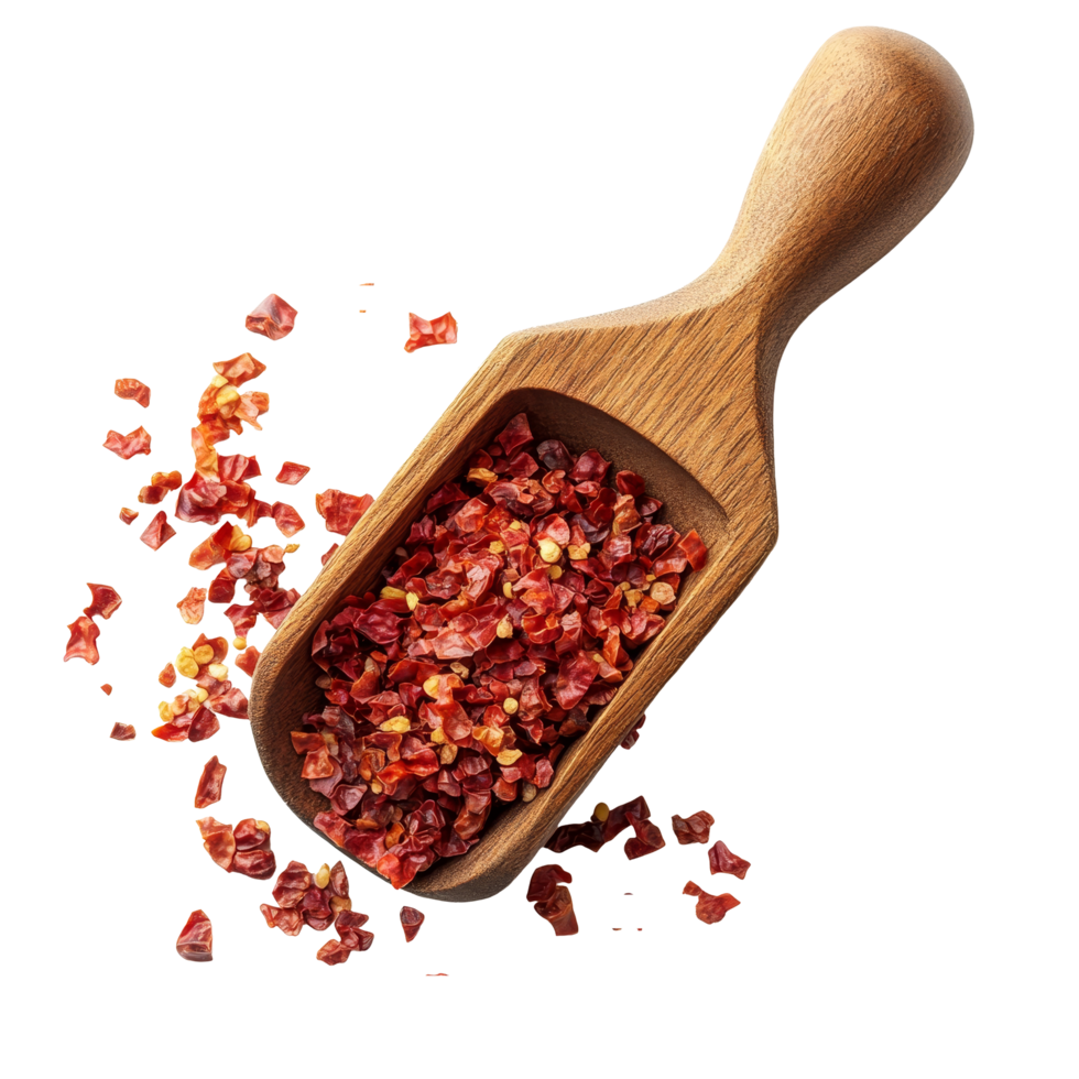 Crushed red chili pepper in a wooden scoop on a transparent background showcasing the vibrant color and texture of spices, Crushed red chili pepper in wood scoop isolated on transparent background png