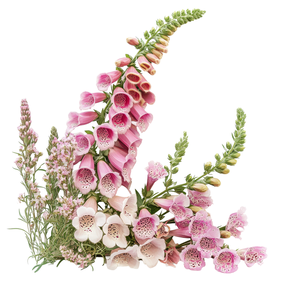 A vibrant arrangement of foxglove flowers showcasing delicate blossoms isolated on a clean background, foxglove flowers in a floral arrangement isolated on transparent background png