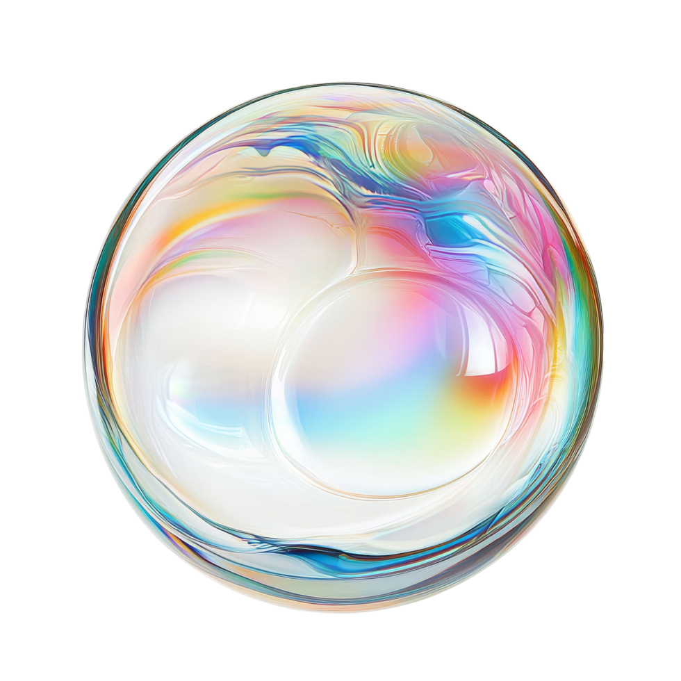 A vibrant soap bubble floating gracefully on a transparent background, showcasing colorful reflections and delicate wisps, soap bubble on transparent background png