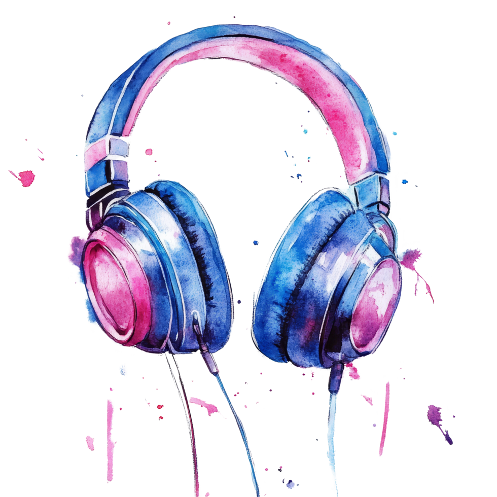Colorful watercolor illustration of headphones on a transparent background showcasing artistic creativity and musical themes, headphone transparent background. Headphone transparent background png