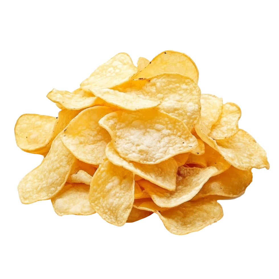 Crunchy potato chips stacked on a transparent background ready for snacking or sharing during casual occasions, Potato chips isolated on transparent background png