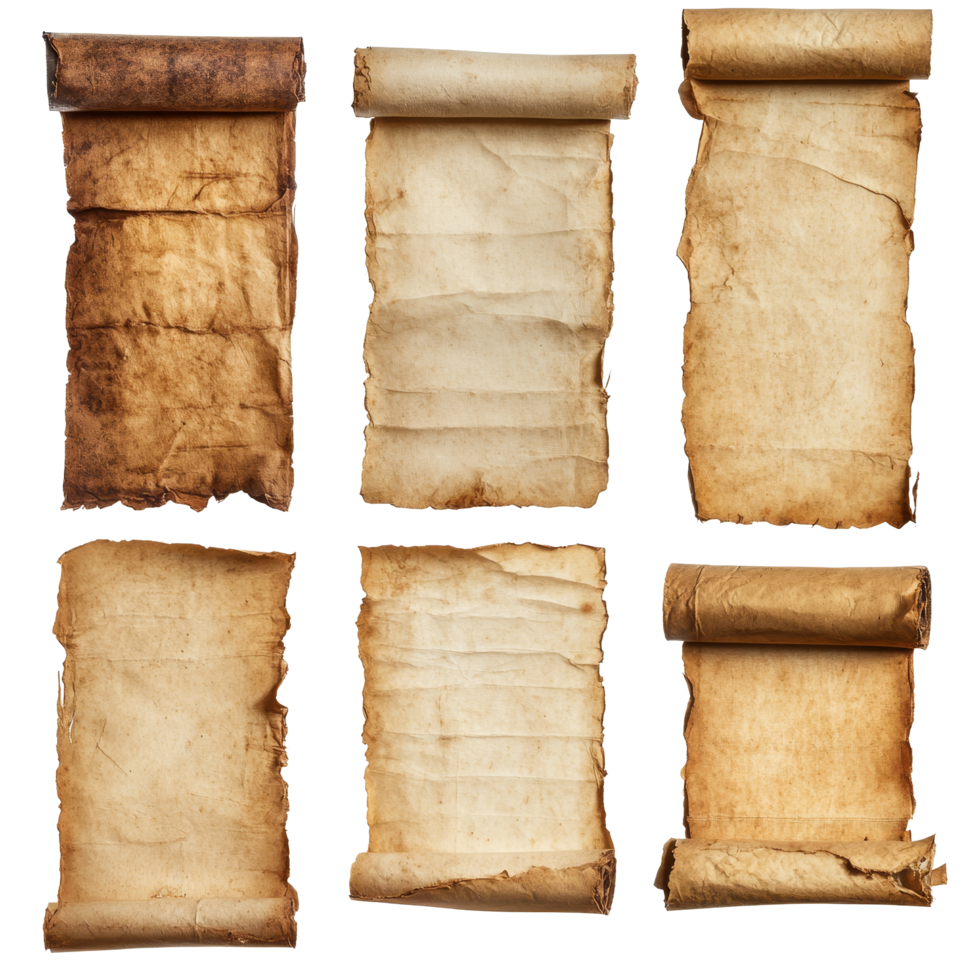 Ancient scrolls of historical parchment paper showcasing various textures and styles from a bygone era, Set Ancient Scrolls, Historical Parchment Paper with Aged Texture, Isolated on transparent png