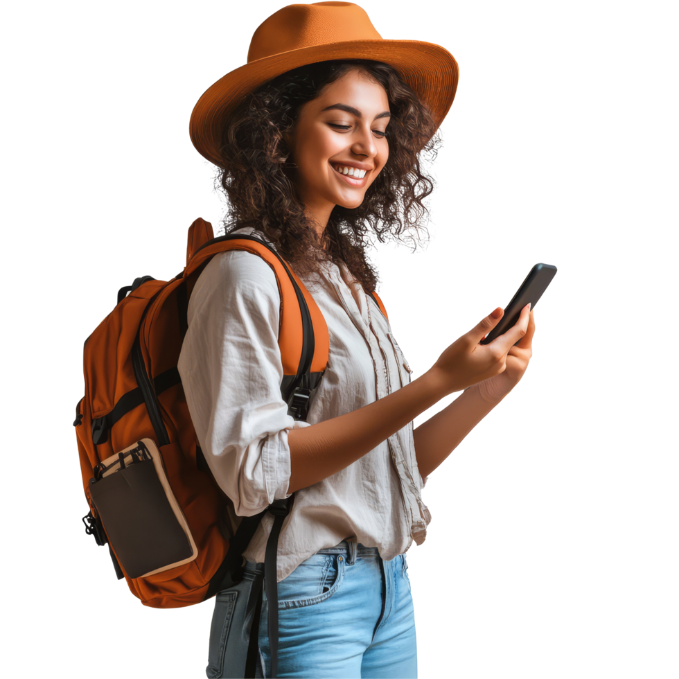 A traveler enjoying her time exploring while holding a smartphone and wearing a stylish hat in casual outdoor attire, file no background Traveler woman holding a smartphone png