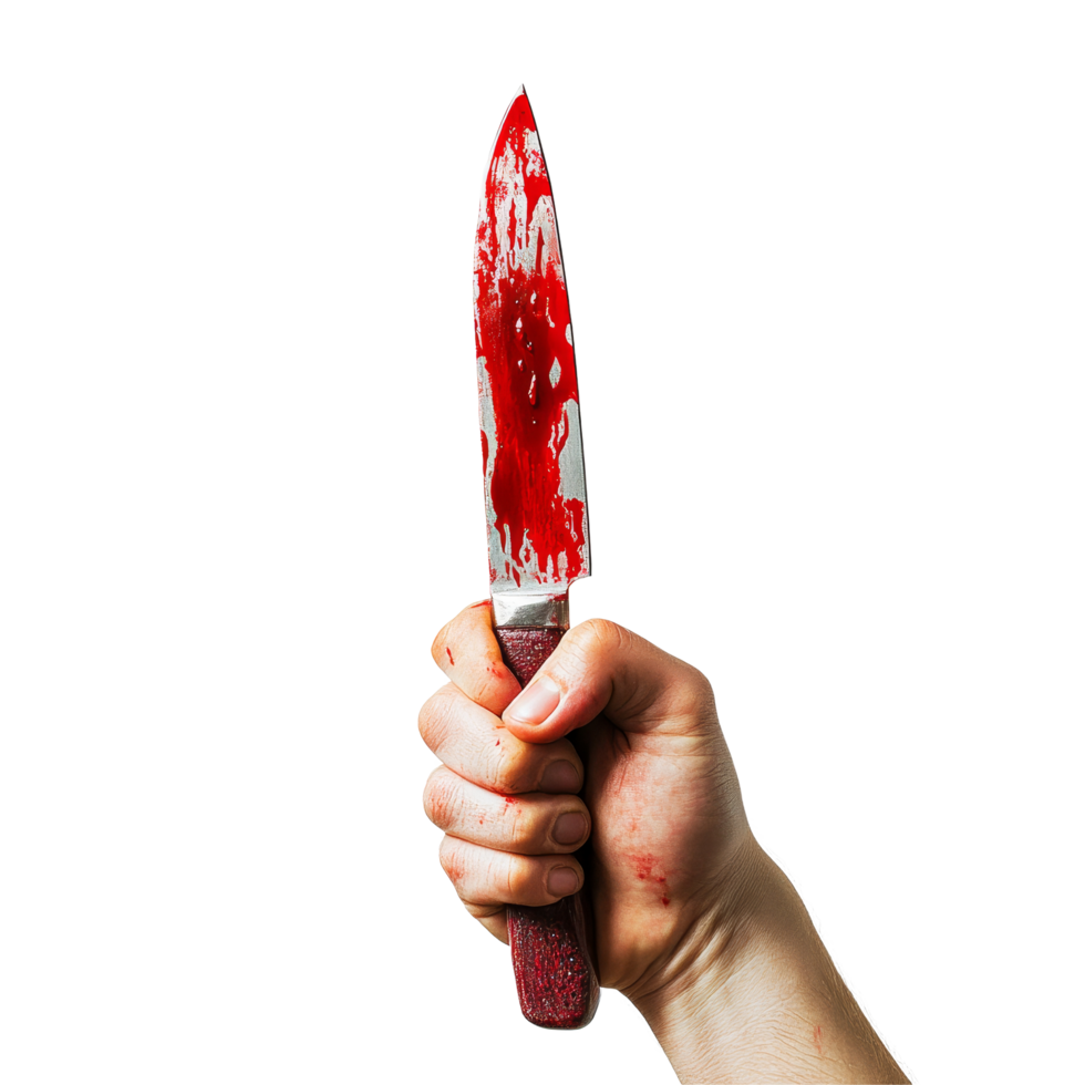 Hand holding a bloody knife against a plain transparent background, suggesting a dramatic or intense narrative moment, Hand Holding Bloody Knife on transparent background png