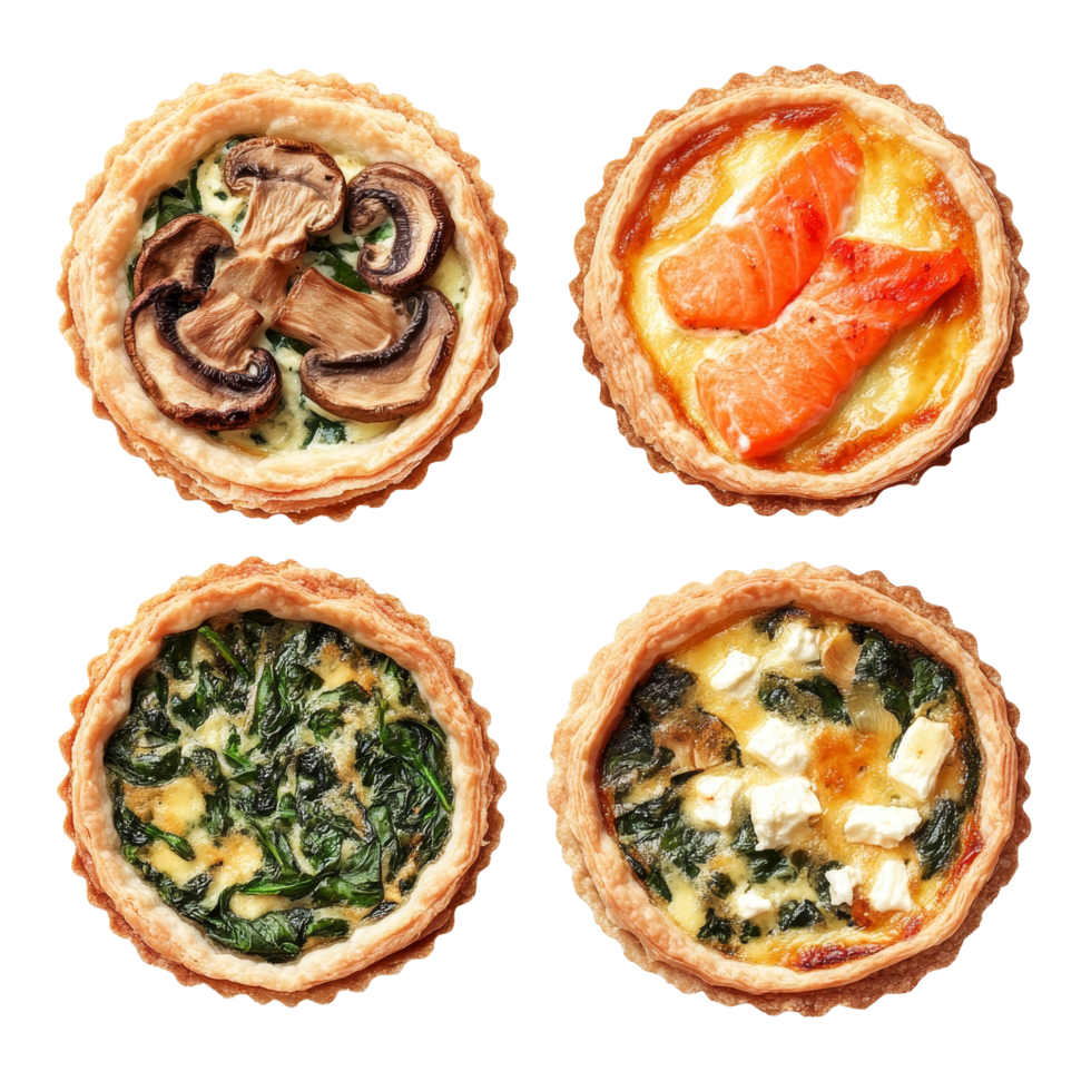Delicious quiches featuring classic Lorraine, mushroom, spinach, and feta arranged in a neat presentation, Quiches Classic Lorraine, Mushroom, Spinach Feta, and Salmon on transparent background png