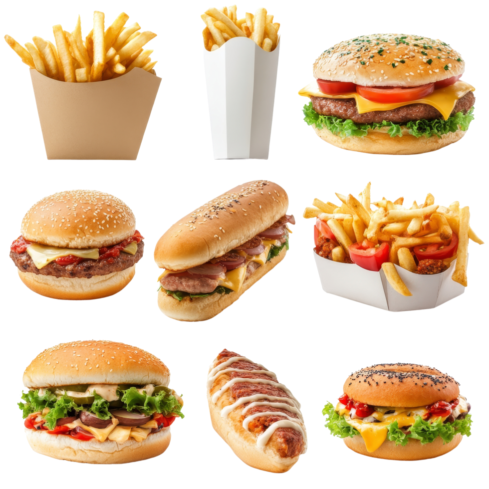 A vibrant assortment of fresh fast food featuring burgers, hot dogs, and fries on a clean transparent background, Fresh different type fast food on a transparent background png