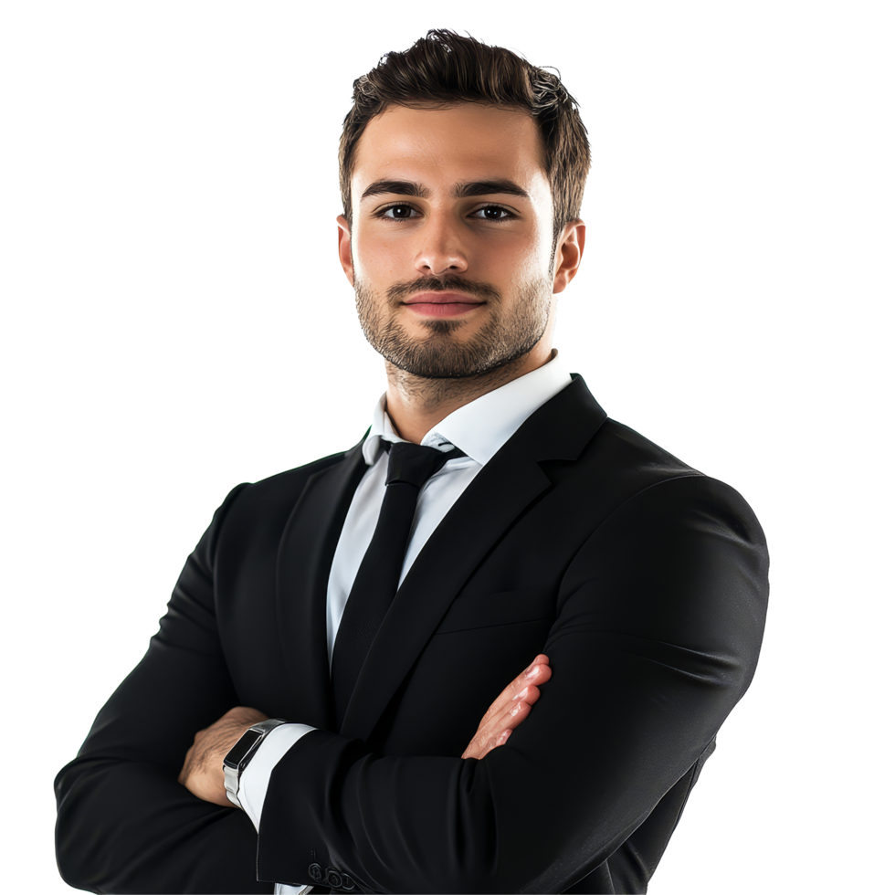 Young business man in formal attire stands confidently with arms crossed against a clean transparent background, Young business man isolated on transparent background png