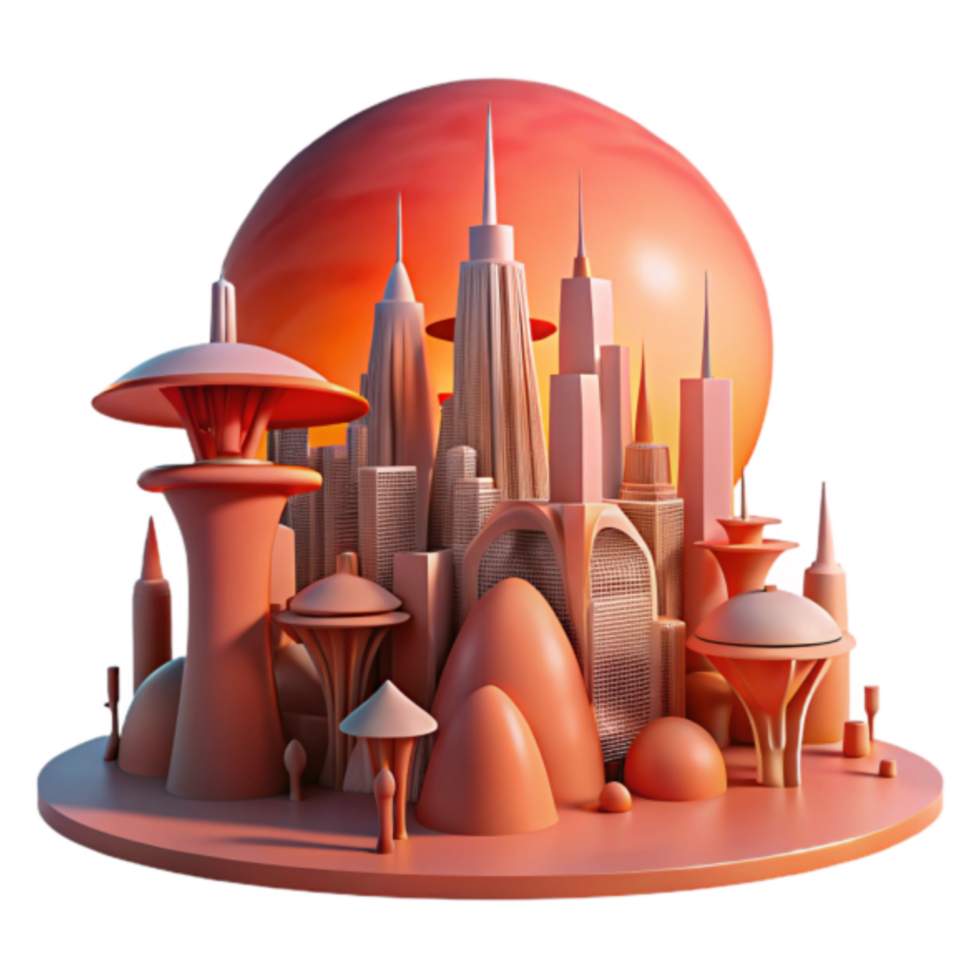 Futuristic Cityscape 3D Render Illustration A Vibrant, Stylized Urban Landscape Under a Sunset Sphere png