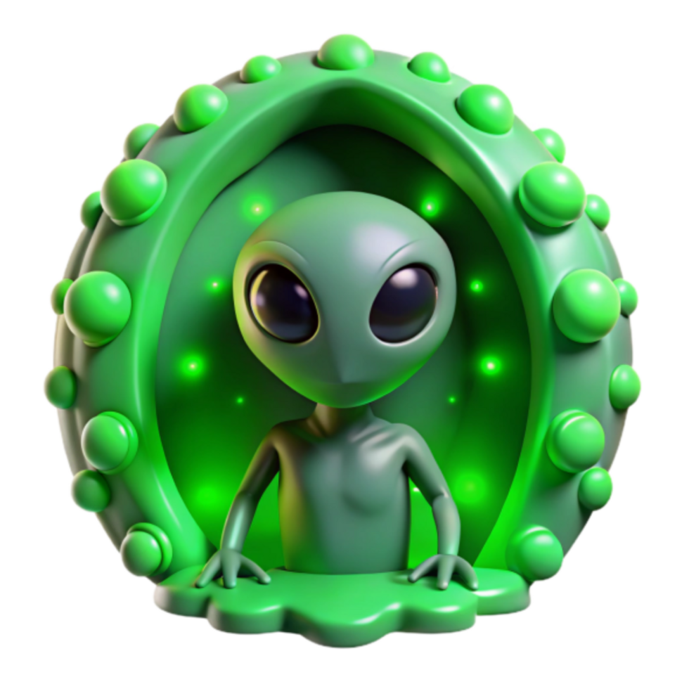 Adorable 3D Render of a Green Alien Inside a Glowing Spaceship png