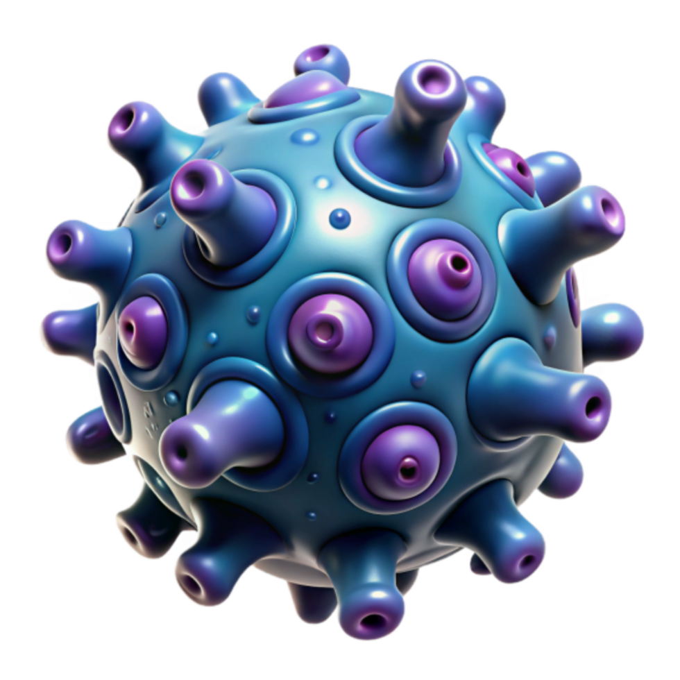 3D Render of a Microscopic Virus Particle, Abstract Blue and Purple Viral Structure png