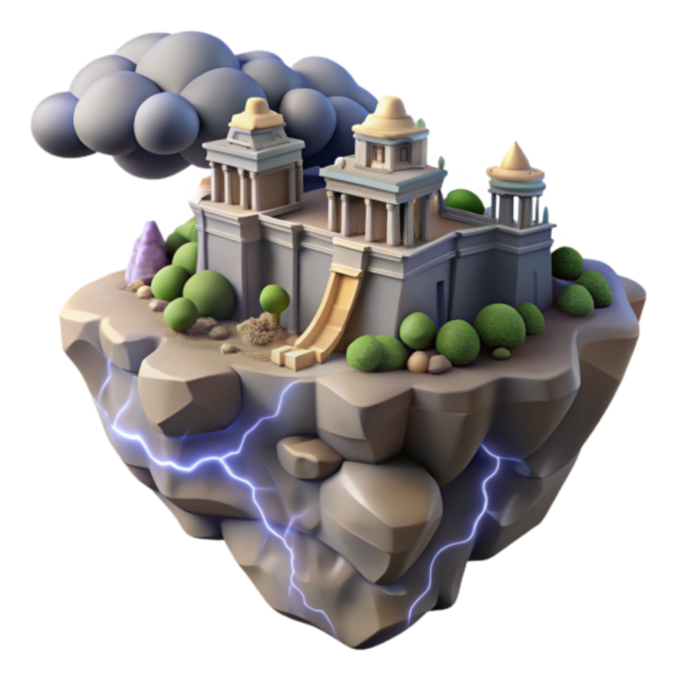 3D Render of a Temple on a Floating Island with Lightning png