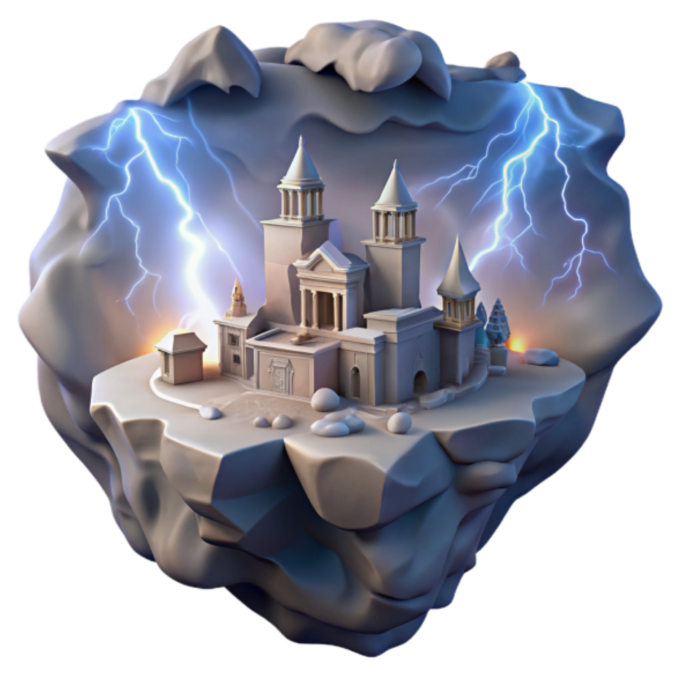 3D Render of a Fantasy Island Temple during a Storm png