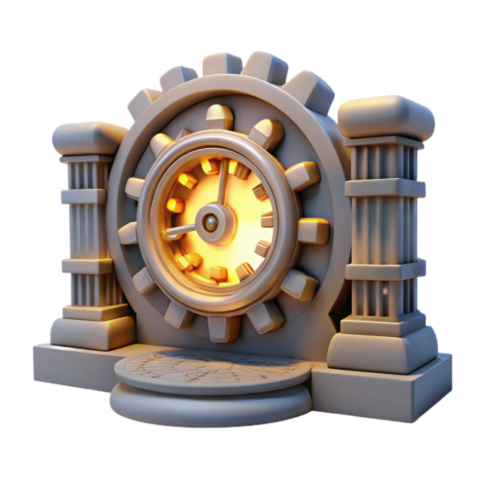 Glowing Gear Clock 3D Render Classical Columns, Timepiece Illustration png