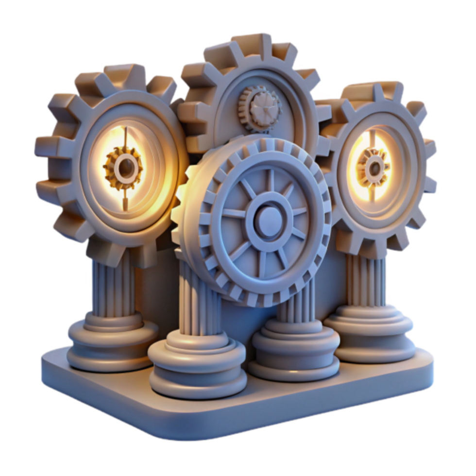 3D Render of Illuminated Gear Mechanism on Pillars png
