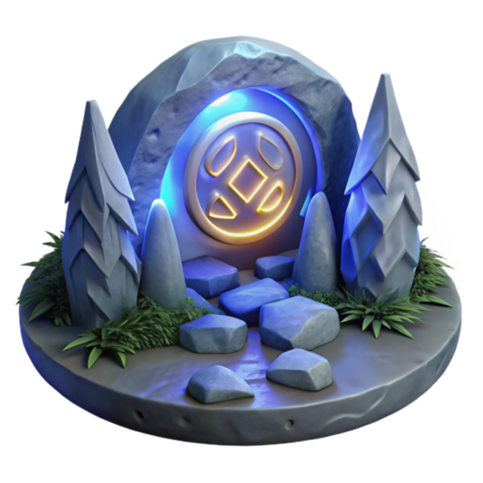 Mystical Stone Portal 3D Render, Illuminated Gateway Illustration with Crystalline Trees and Glowing Symbol png