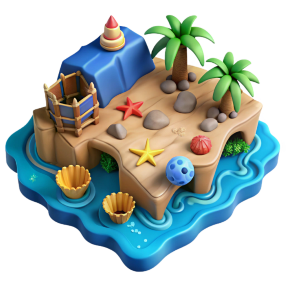Tropical Island Paradise 3D Render Cartoon Beach Scene with Palm Trees, Starfish, and Seashells png