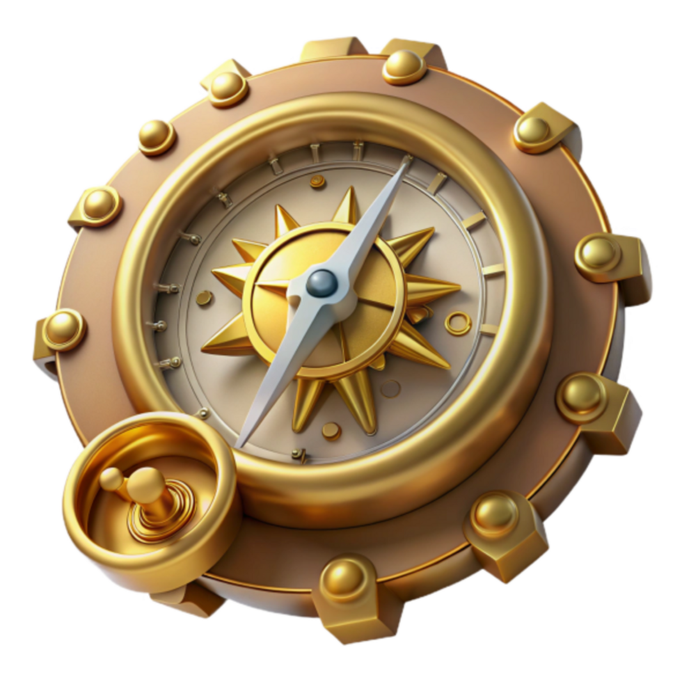 Golden Compass 3D Illustration Vintage Navigation Device, Steampunk Design, Ornate Compass Rose, Luxury Clockwork Mechanism, Exploration Symbol, Adventure Graphic, Detailed 3D Render png