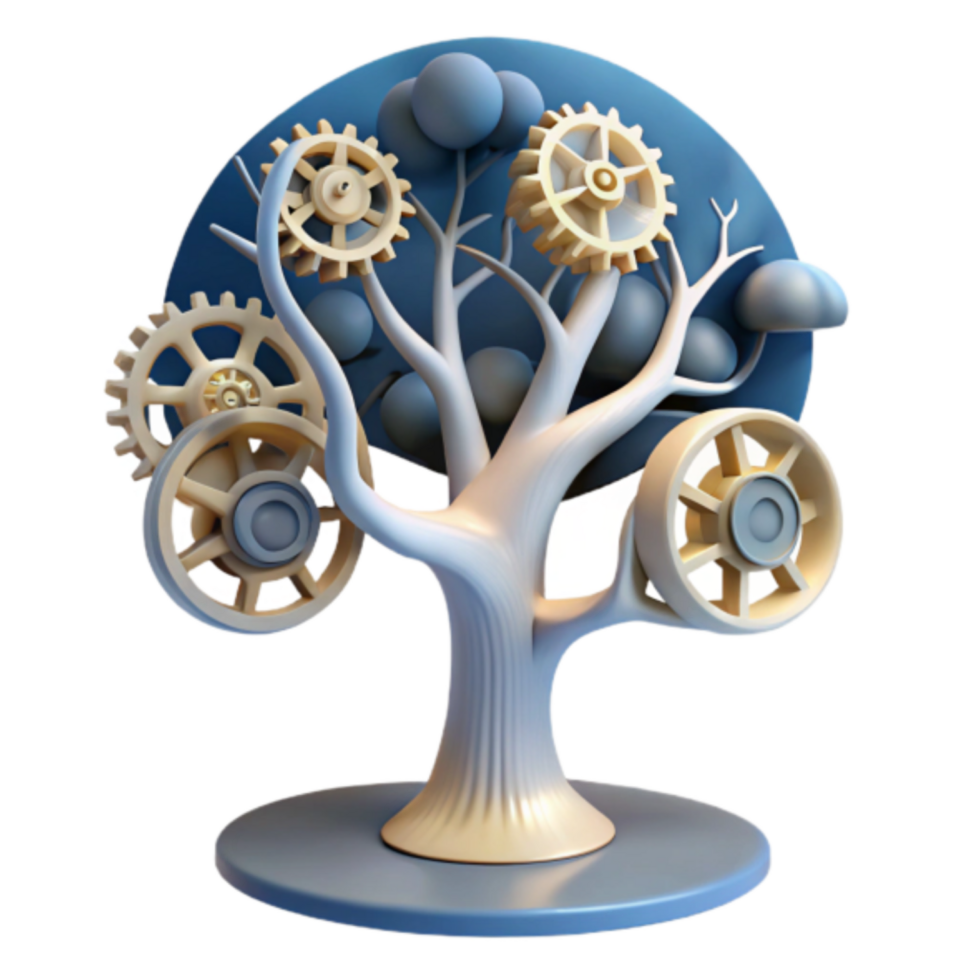 3D Render of a Cog Tree Illustration Mechanical Gears on Branches png