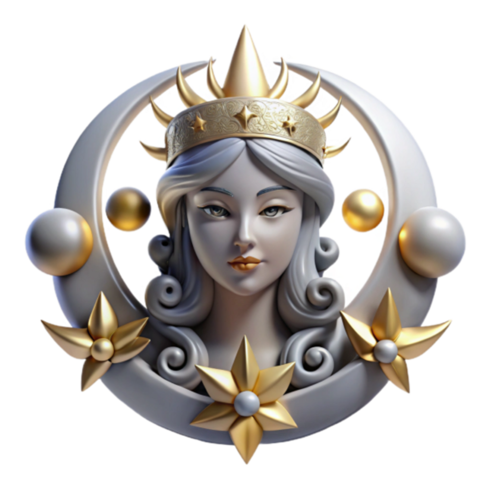 Celestial Goddess 3D Render A Regal Digital Illustration of a Queen Crowned with Stars and Moon png