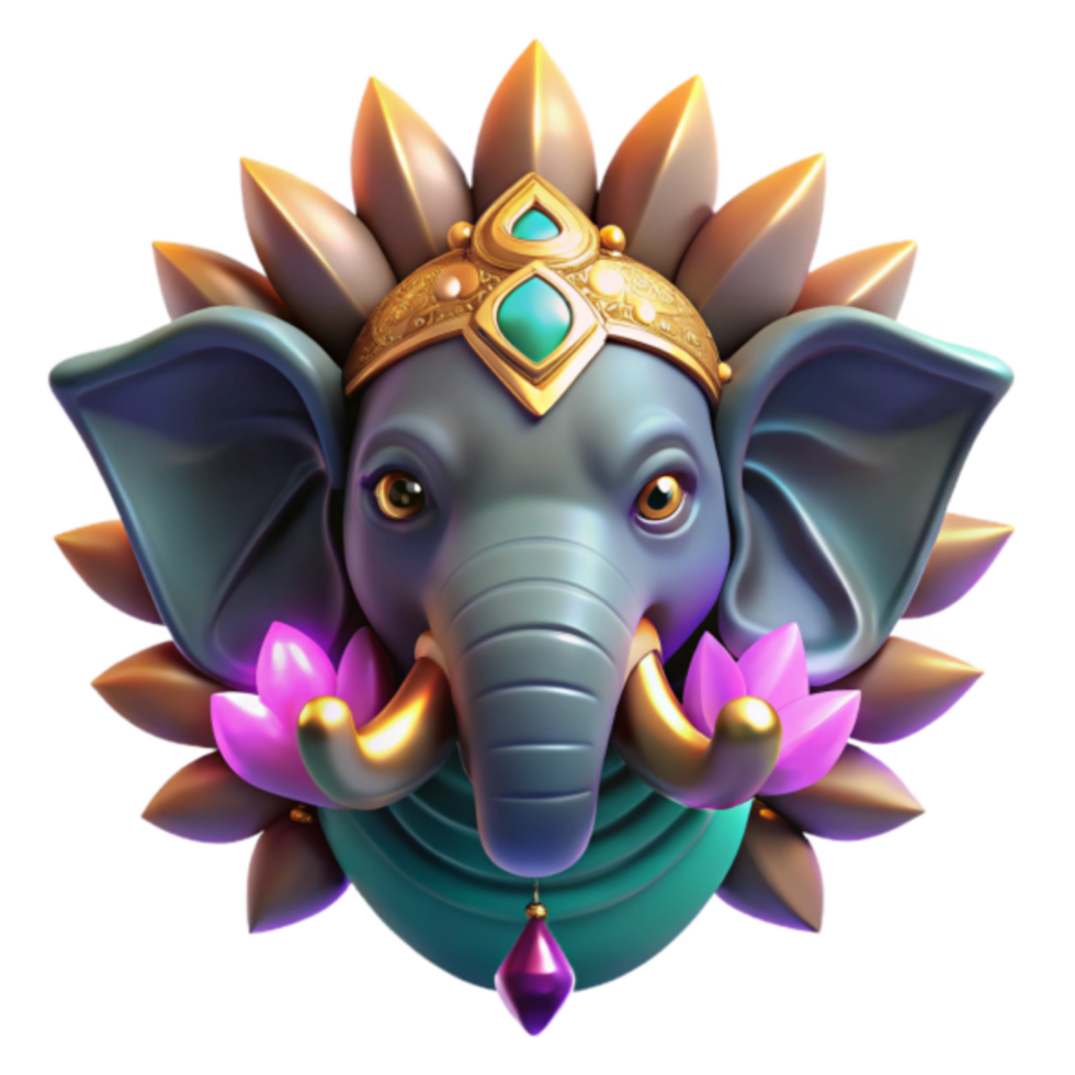 3D Render of an Elephant God Head with Lotus and Gold Crown png