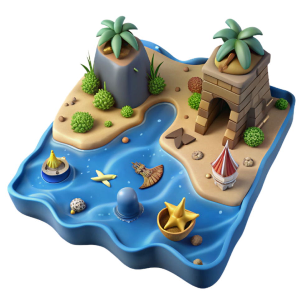 Tropical Island Paradise 3D Render A Whimsical Island Scene with Palm Trees, Ancient Ruins, and Treasure png