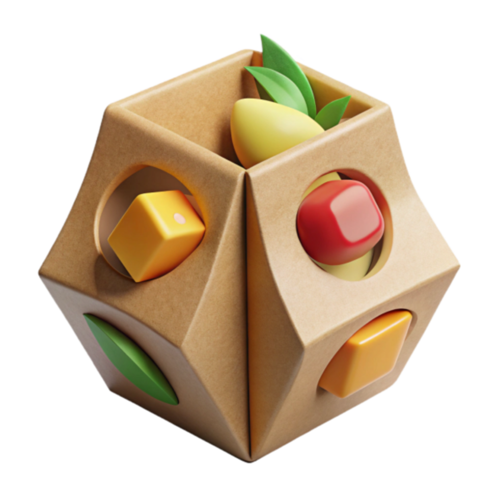 3D Render of a Colorful Wooden Toy Puzzle with Geometric Shapes and Fruit png